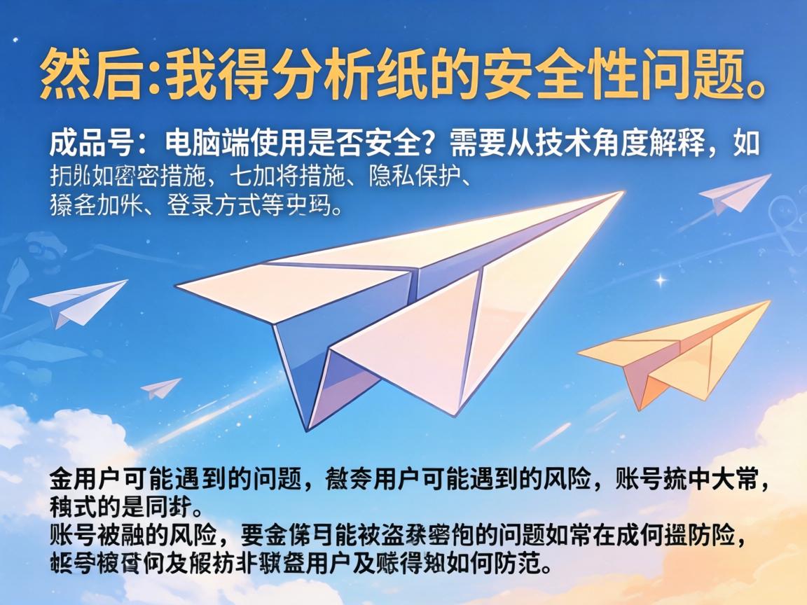 然后，我得分析纸飞机的安全性问题。成品号在电脑端使用是否安全？需要从技术角度解释，比如加密措施、隐私保护、登录方式等。同时，要提到用户可能遇到的问题，比如账号被盗的风险，以及如何防范