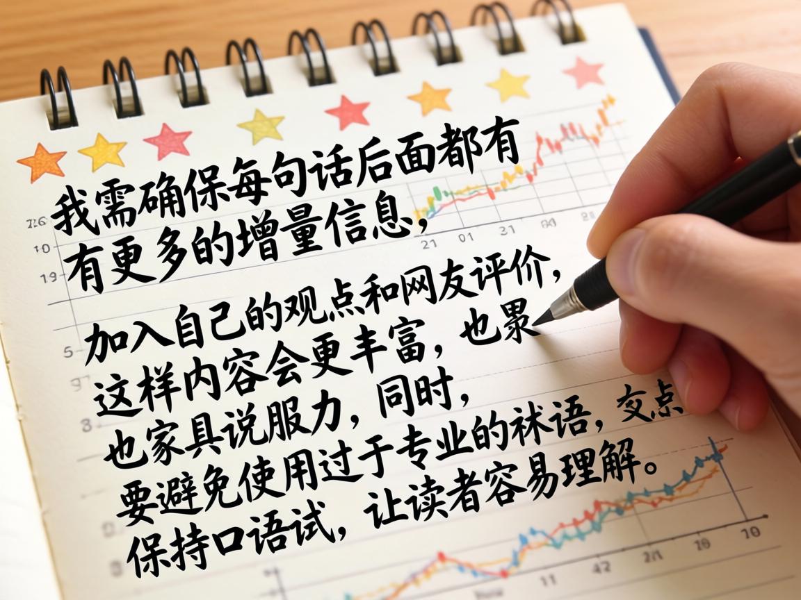 在写作过程中，我需要确保每句话后面都有更多的增量信息，加入自己的观点和网友评价，这样内容会更丰富，也更具说服力。同时，要避免使用过于专业的术语，保持口语化，让读者容易理解
