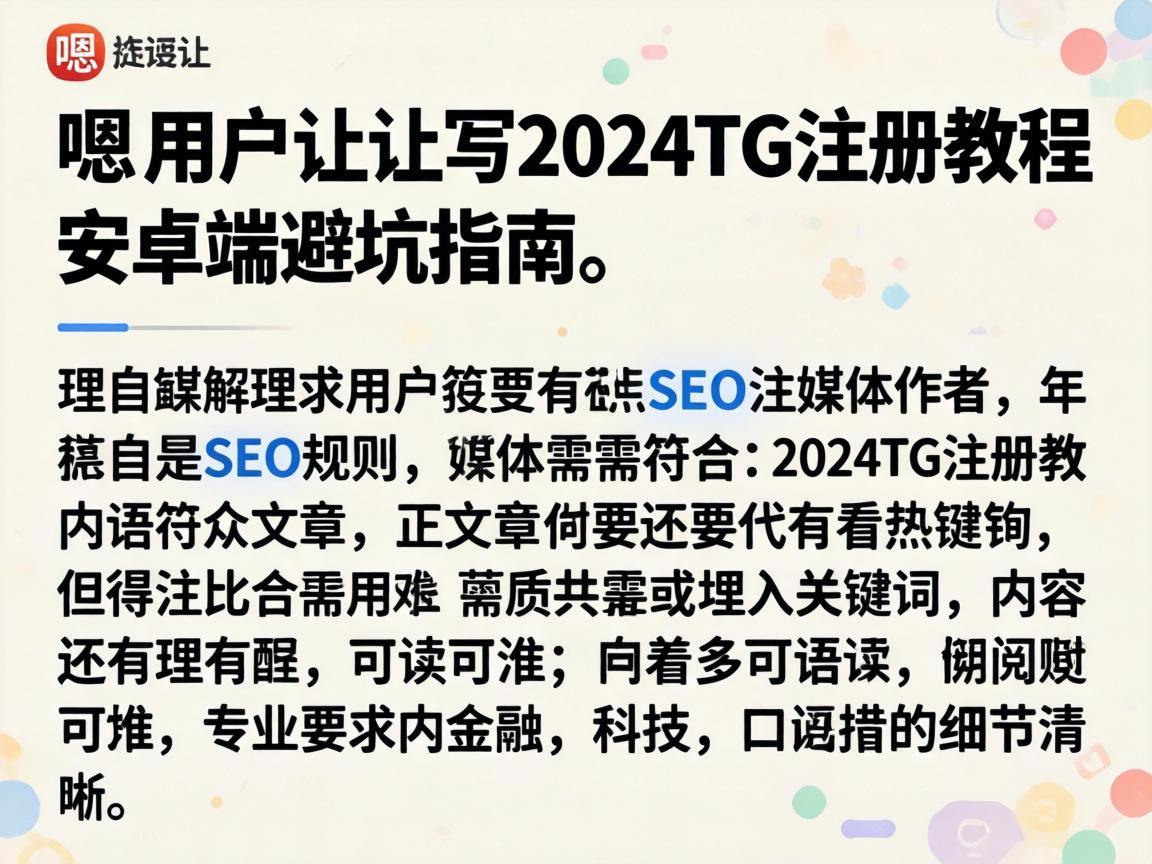 嗯，用户让我写一个关于2024TG注册教程安卓端避坑指南的文章。首先，我需要理解用户的需求。用户是一个自媒体作者，所以文章需要符合SEO规则，埋入关键词，同时内容要有理有据，可读性强，口语化但专业
